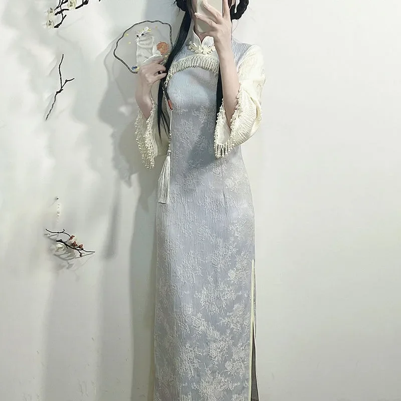 

2024 Autumn New Retro Improved Cheongsam Dress Women Blue Big Sleeve Flower Jacquard Pearl Modern Qipao Elegant Evening Dress