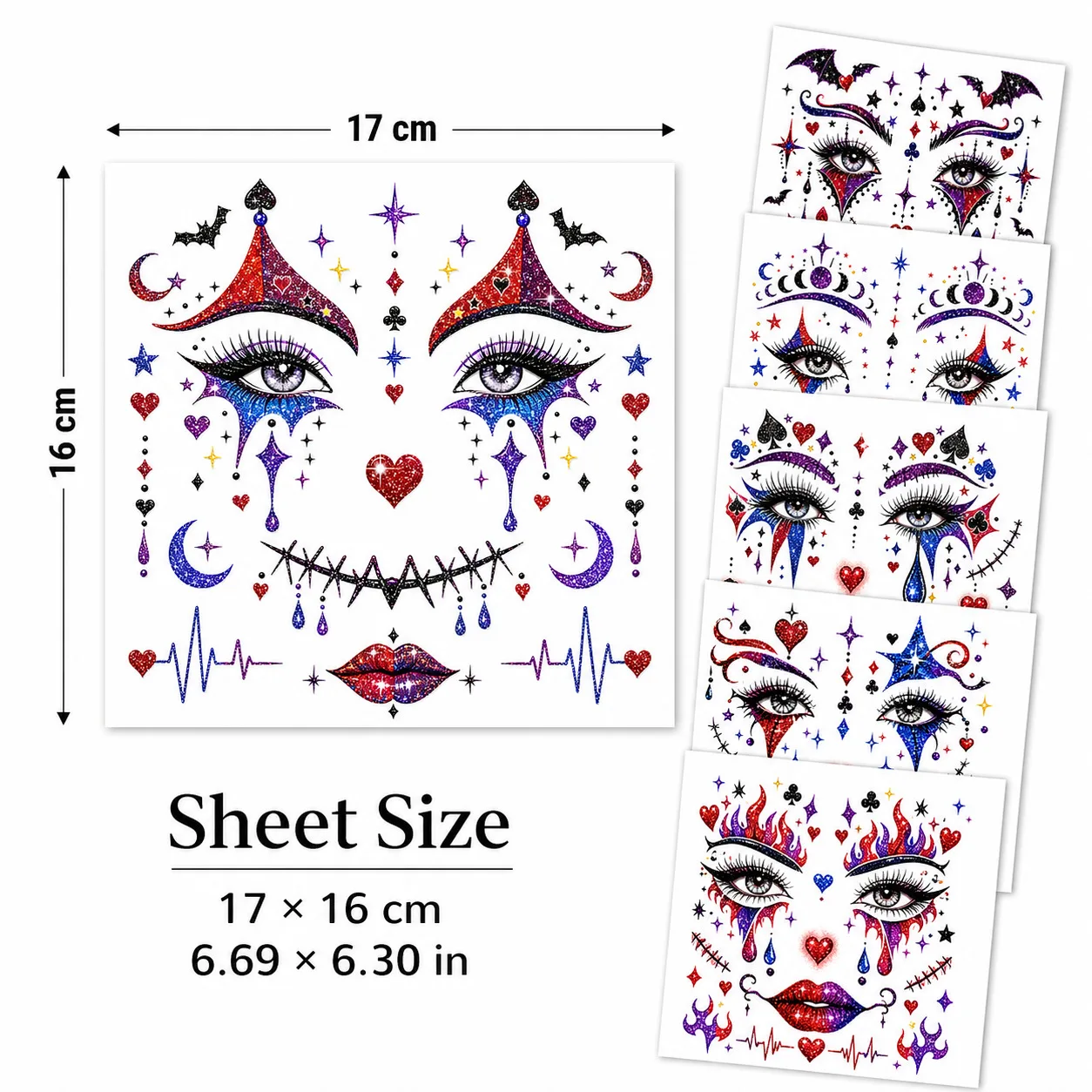 6Pcs/Set Halloween Waterproof Glitter Clown Face Sticker – Poker-Themed Party Makeup & Novelty Face Decal