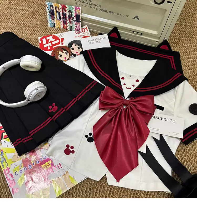 Uniforme JK de doble pecho de estilo japonés, traje de marinero dulce de estilo universitario, traje bordado con patrón de gatito, traje femenino de manga corta
