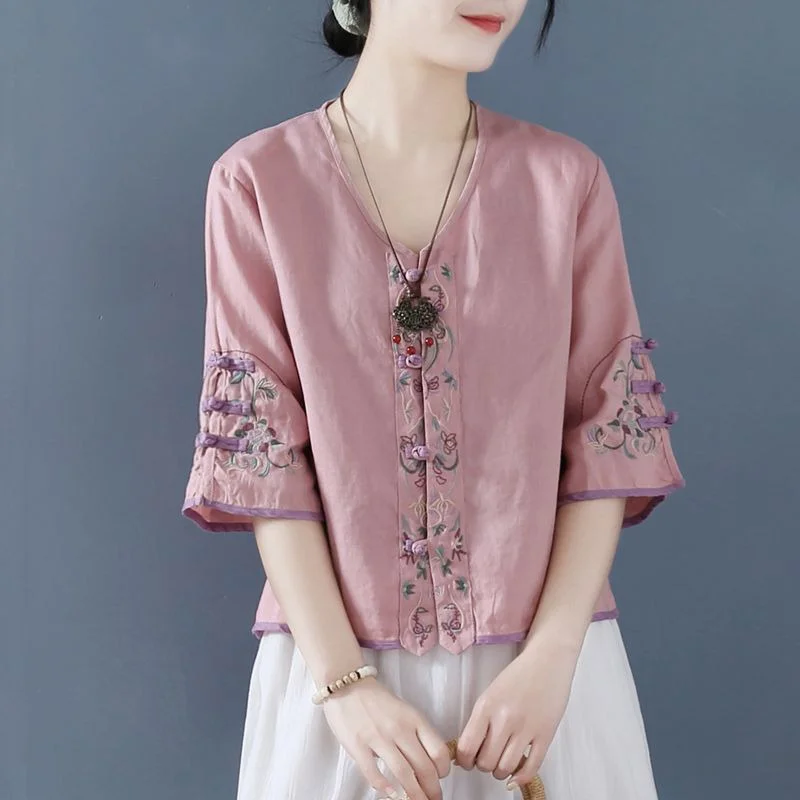 

Женская хлопково-льняная футболка с v-образным вырезом на пуговицах, топ пяти четвертей Све, художественная однотонная летняя футболка свободного покроя для поездок на работу