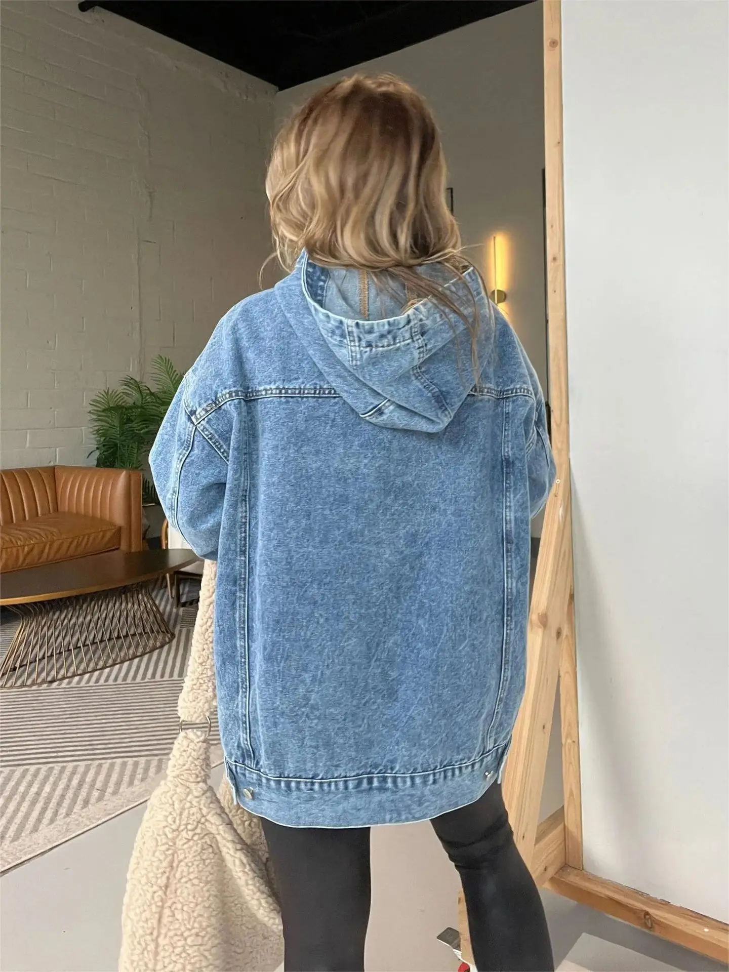 Midiross dames lente nieuwe mode effen kleur losse trui met capuchon denim hoodie hipster denim hoodie met lange mouwen