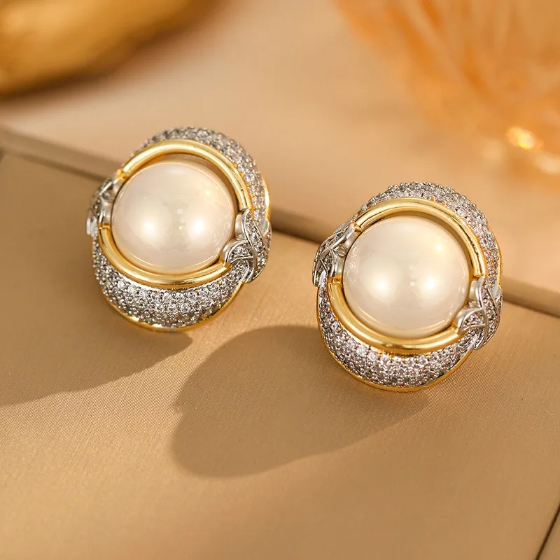 

Новые овальные серьги-гвоздики с цирконом и жемчугом, с позолотой, элитные, в стиле легкой роскоши, ретро, модные, элегантные