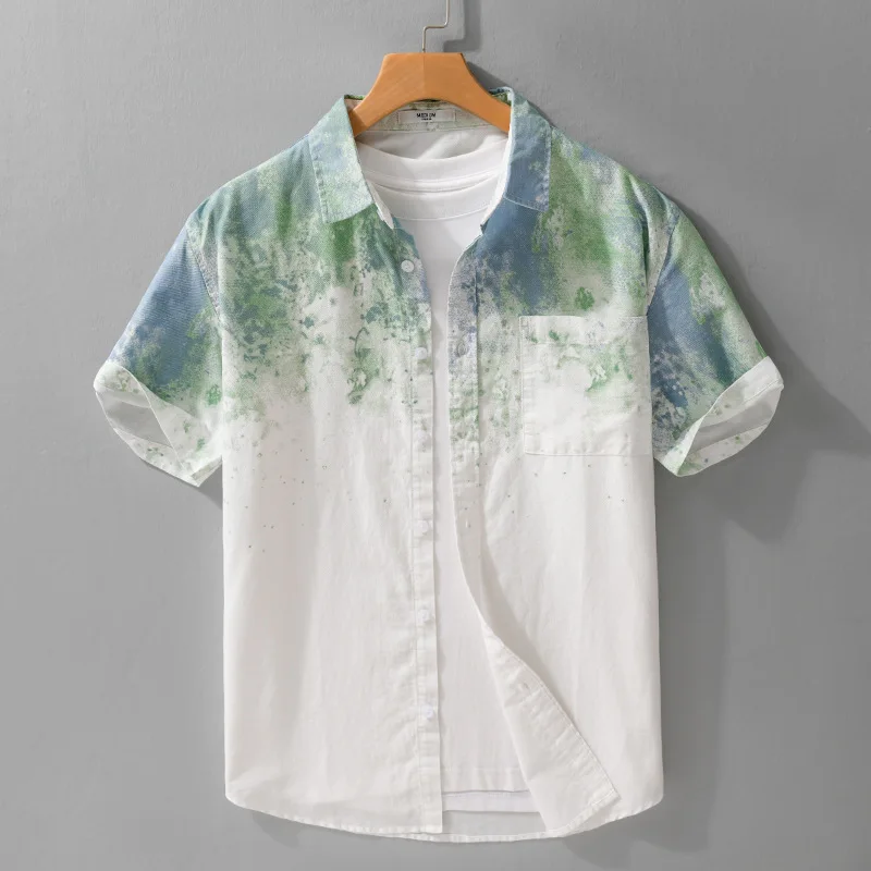 388 Good Quality 100% Cotton Men's Streetwear Shirt Chinese Style Ink Print Soft Comfortable Teen Daily Lapel Blouse Premium Top