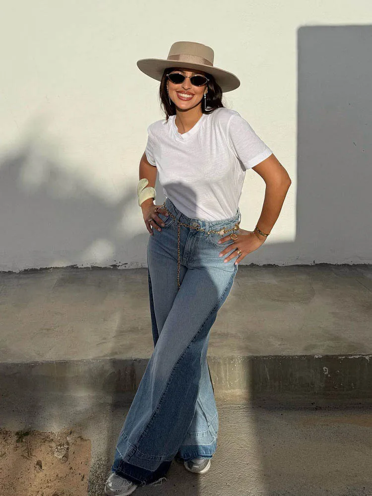 TRAFZA Jeans moda donna Denim Tasche a vita alta Pantaloni lunghi con cerniera con bottoni Jeans patchwork stile streetwear primaverile femminile