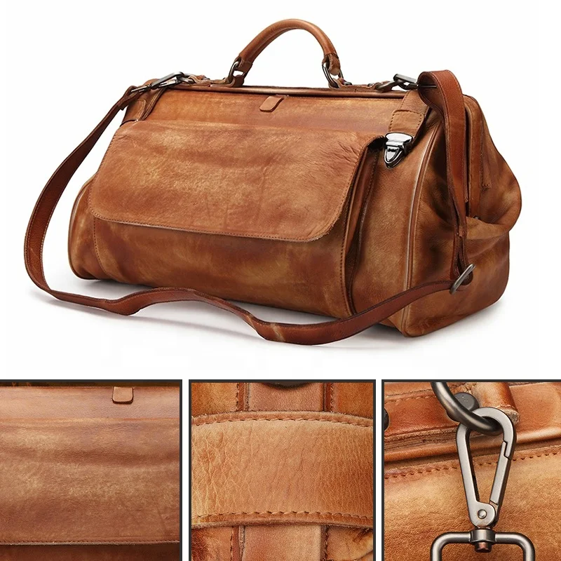 Retro Genuine Leather Travel Bag With Metal Frame Luggage Men Vintage Genuine Leather duffle Bag For Women