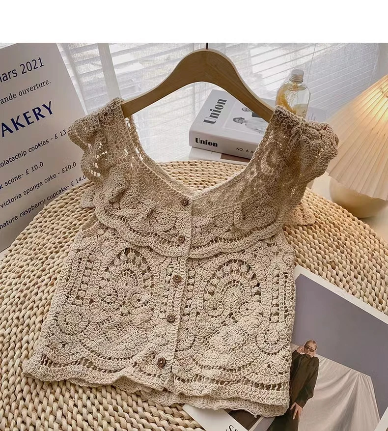 OUMEA Women Crochet Cotton Tops Summer Ruffled Neckline Sweet Tops Buttons Front Hollow Out Vintage Tops