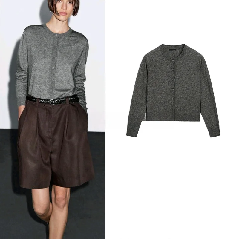 Długi sweter damski z dzianiny, okrągły dekolt, otwarty przód, prosty, elegancki, na wiosnę, z włókna poliestrowego.