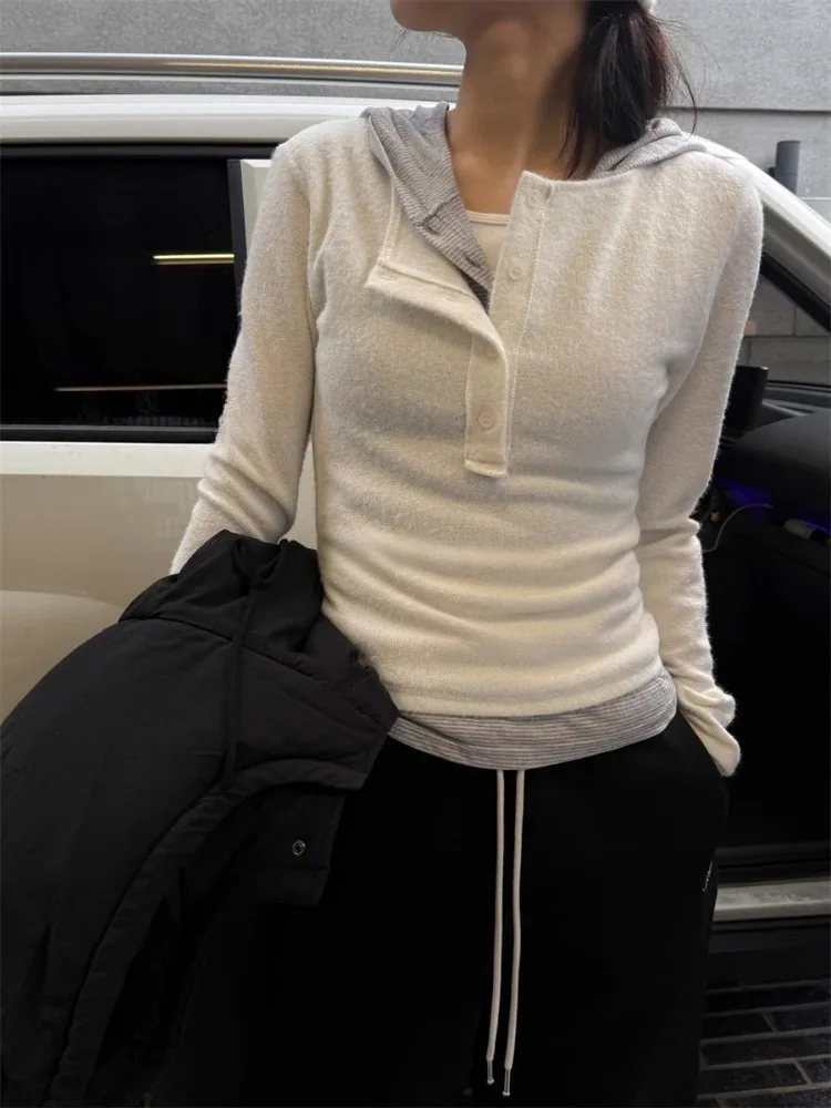 

Korean Gothic Fake Two Piece Striped Hoodie T-shirts 2025 Early Autumn New Top for Women Y2k Aesthetic Slim Fit Tee Shirt