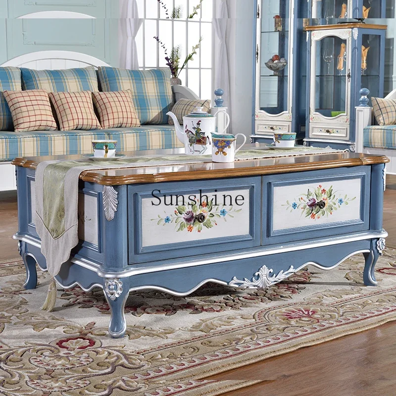 American Mediterranean small fresh light color living room combination TV cabinet coffee table