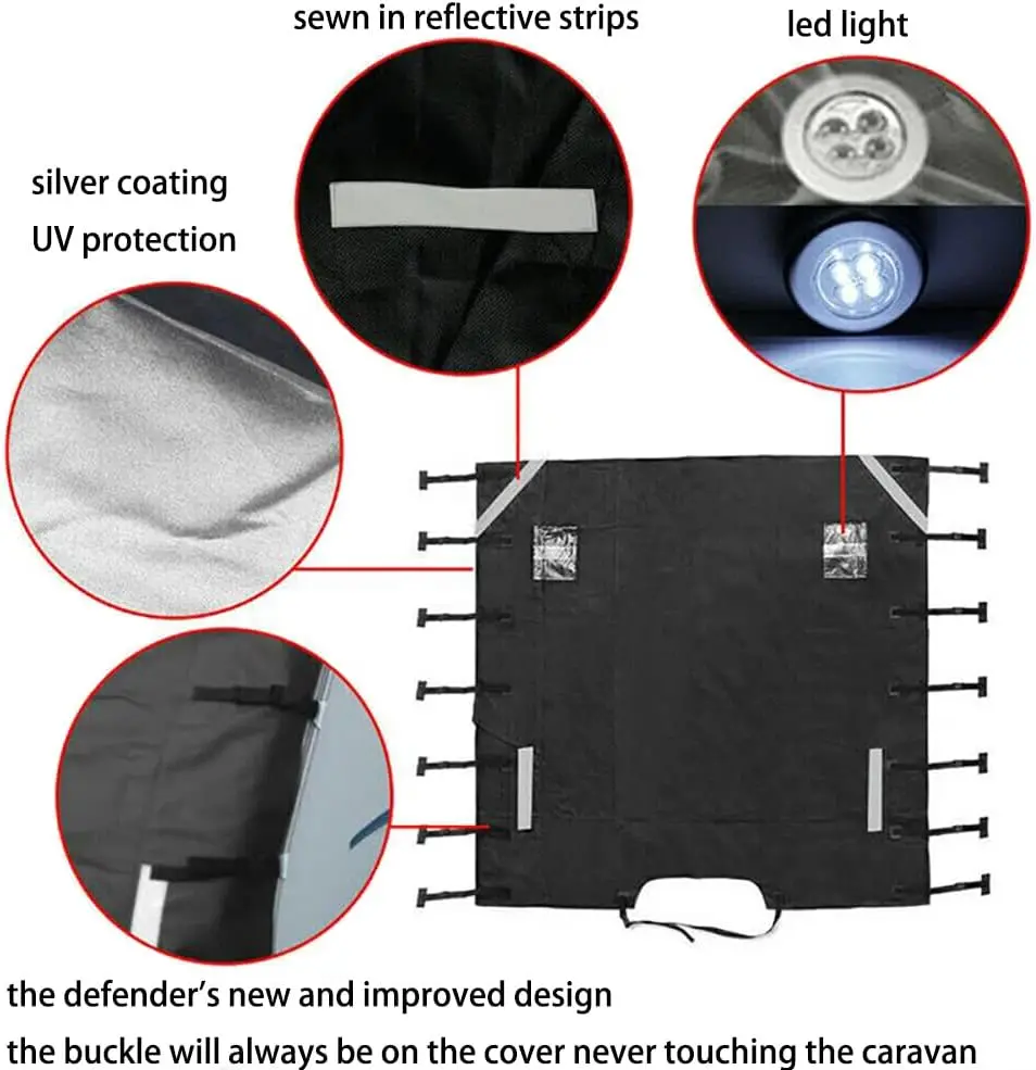 Universal Waterproof Oxford RV Caravan Front Towing Cover Protector Dustproof With Reflective Strip Camper Trailer 2 LED light