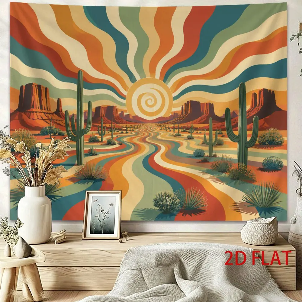 Trippy Western Desert Tapestry, Saguaro Cactus & Swirling Sun, Vintage Color Art Wall Hanging for Living Room Home Decorations