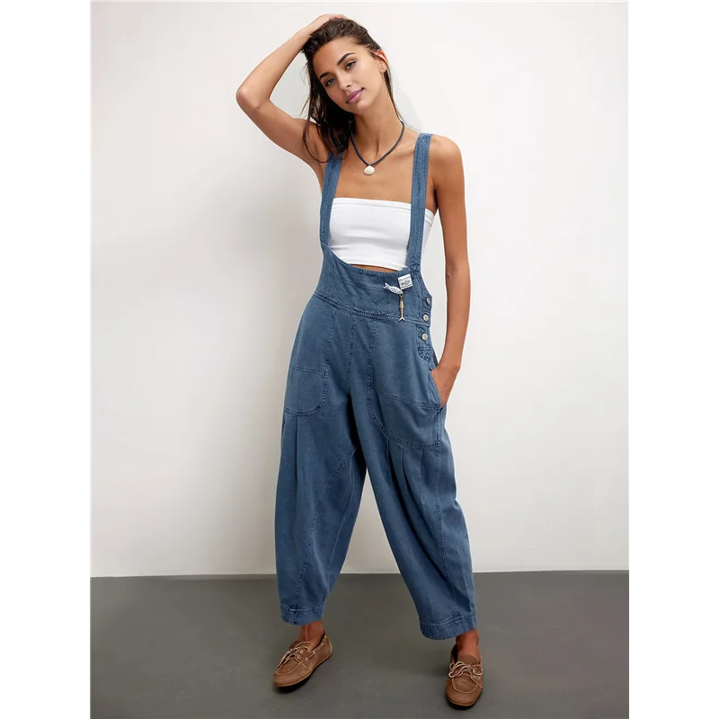 NUOVA tuta da donna con pagliaccetto regolabile in denim senza maniche laterale casual allentata con tasche