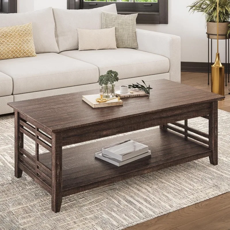 

Modern wooden coffee table with storage rack, two-story rectangular stylish decor for lounge lounge - 48 inches