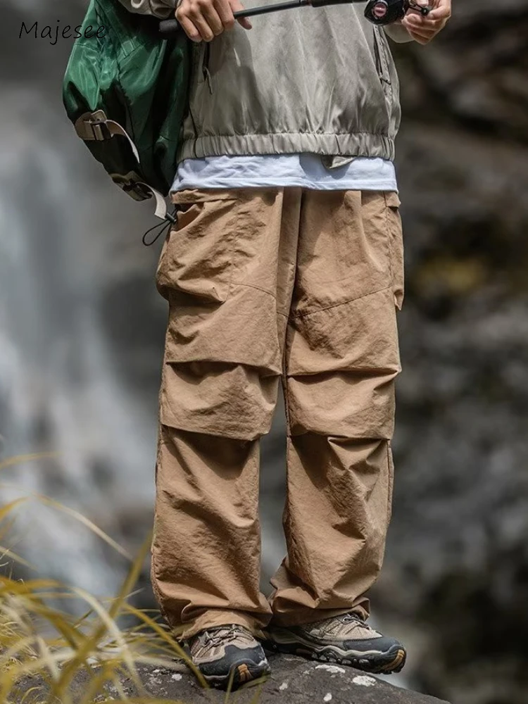 Cargo Pants Men Spring Summer Teenagers Baggy Pleated Japanese Style Hipster Full Length Solid Sporty Stylish Ins Minimalist