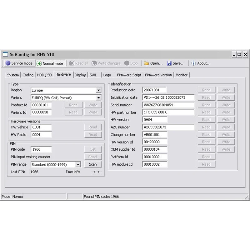 SetConfig 2.8.1 App für Autos zur Identifizierung der problemlosen RNS-Einheiten RNS510 RNS810 RNS850 Wechsel-PIN-Code-Wisch-NAND-OBD2-Scanner