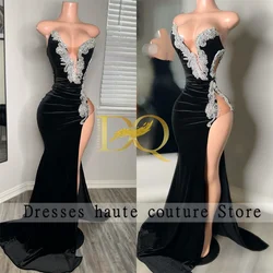 Black Velvet Mermaid Prom Dress For Black Girls 2025 Silver Crystals Applique Side Slit Evening Dress Customized Occasion Dress