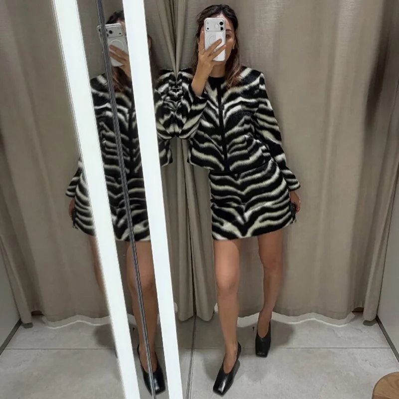 Y2K Zebra Print 2 Piece Set Women Faux Fur Slim Fit Short Jacket Mini Skirt Matching Outfit Street Party Date Ladies Skirt Set