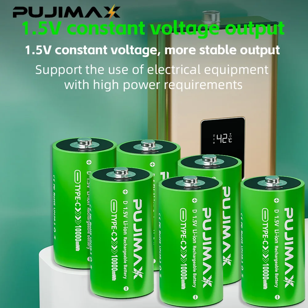 PUJIMAX USB 10000mWh Rechargeable D Size Batteries LR20 Li-ion 1.5V with Type-C Cable for Gas Appliances Liquefied Gas Cooker
