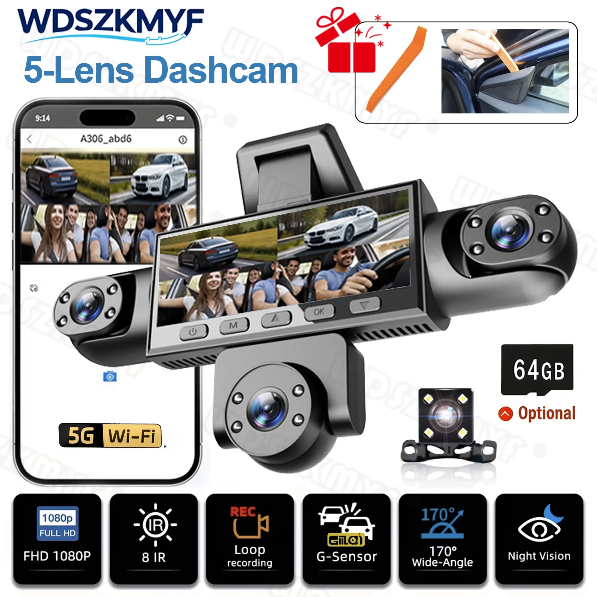 5 Cameras Car DVR WiFi 360° Rotatable Lens 1080P HD Parking Monitoring G-Sensor Wide Angle for Car Truck SUV Van Automotive