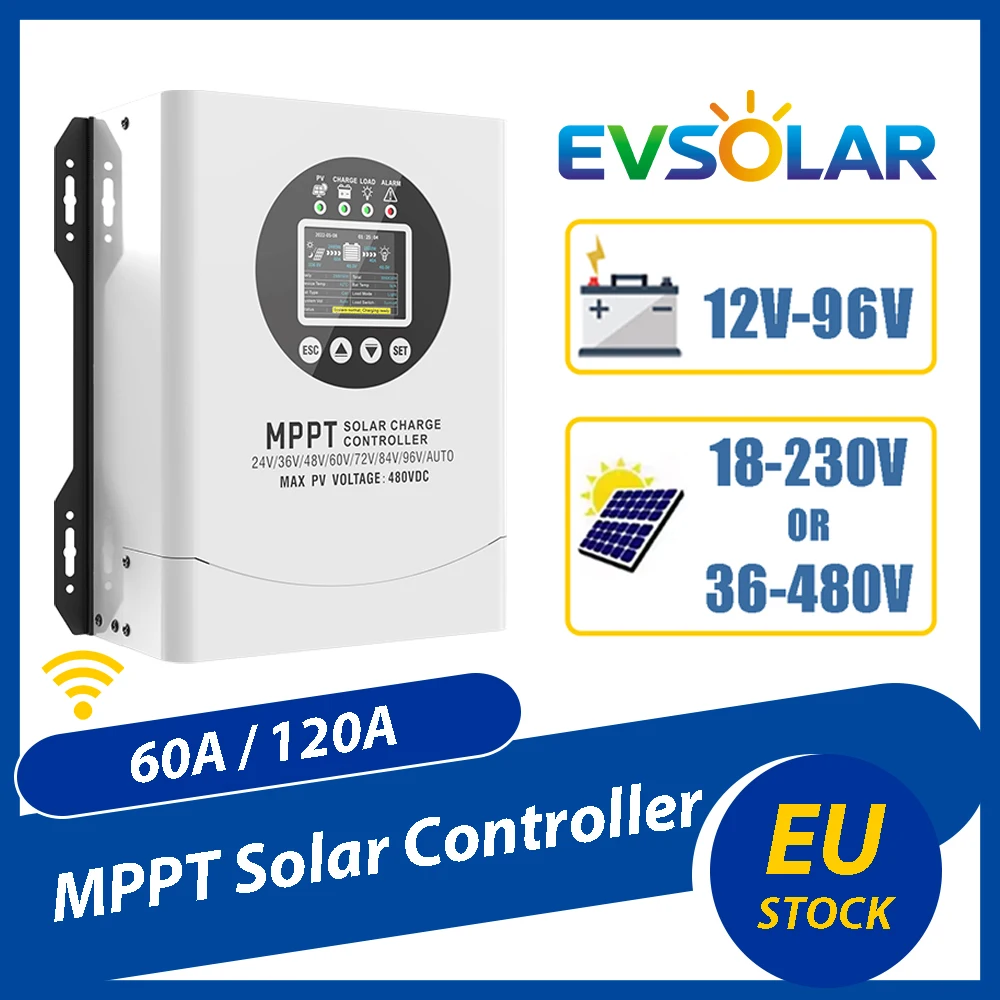 Regolatore di Carica Solare MPPT EVSOLAR 60A 120A, Ingresso PV 36-480V o 18-230V, Con WiFi Opzionale, Batteria 12-96V