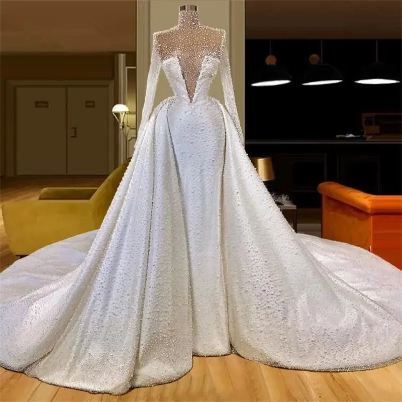 

Customized Beautiful High Neck Shinny Pearls Beads Wedding Dress With Detachable Train Long Sleeves MermaidVestido De Novia