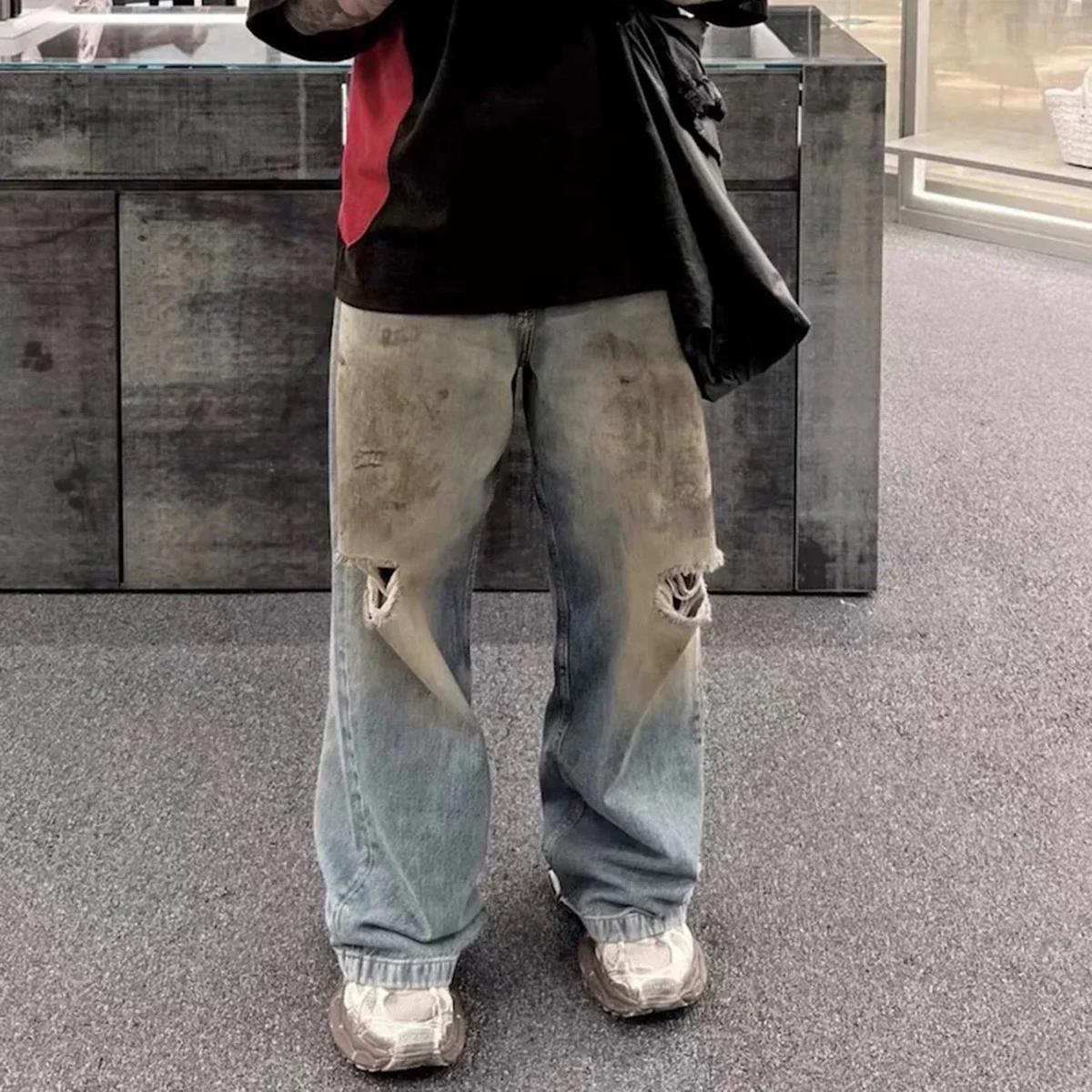 

Mud Dyed Washed Hole Blue Baggy Jeans for Men and Women Dstressed Vintage Loose Denim Trousers Ropa Hombre Casual Cargo Pants