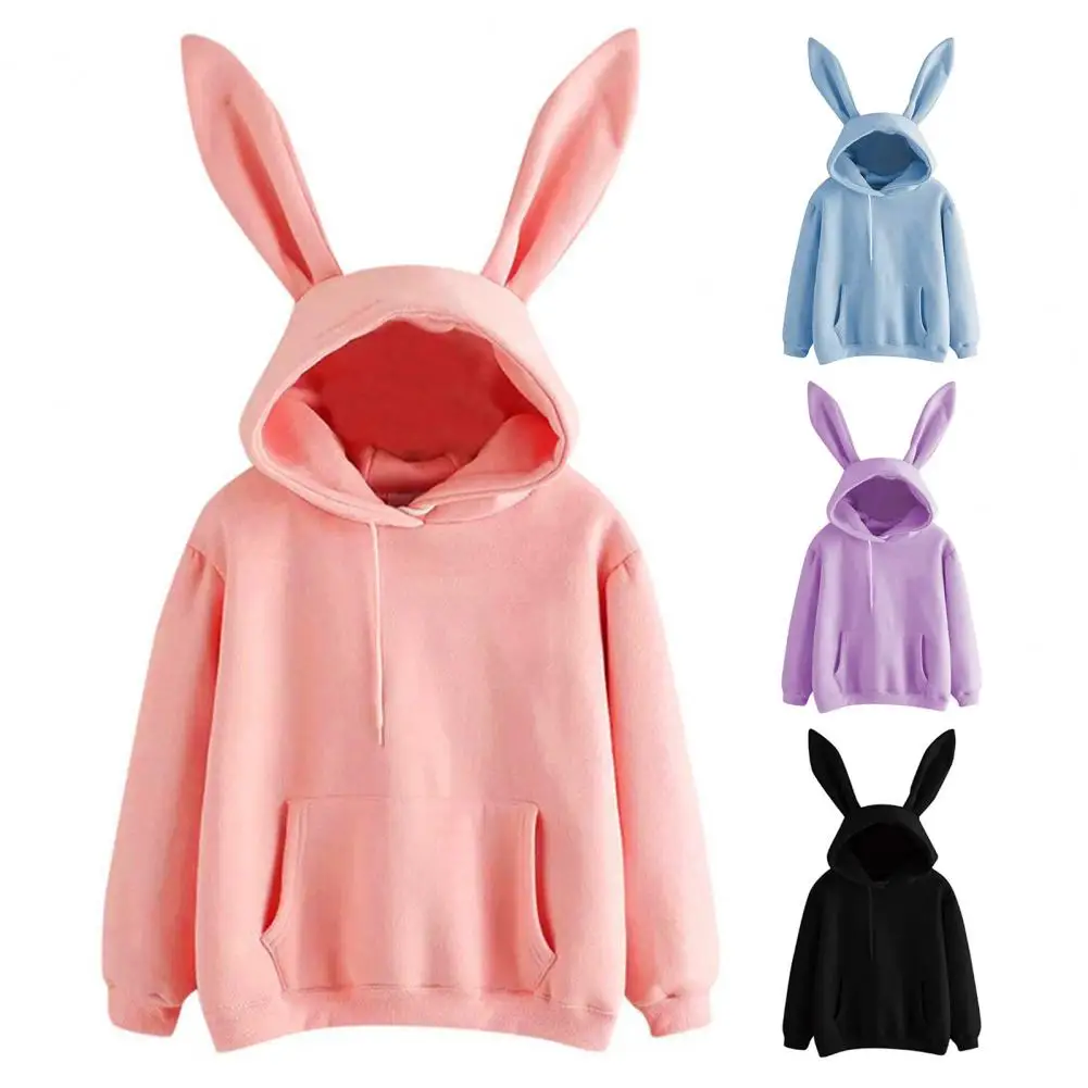 Sporty Women Pullover Long Rabbit Ears Soft Streetwear Pure Color Warm Sweatshirt