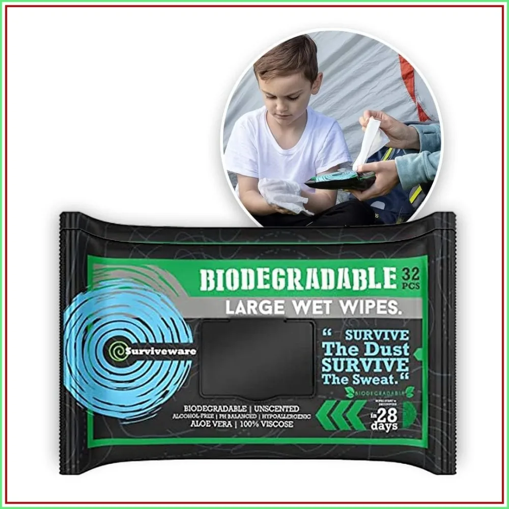 Unscented Biodegradable Wipes - 32 Count for Face, Body & Travel - Camping & Post Workout
