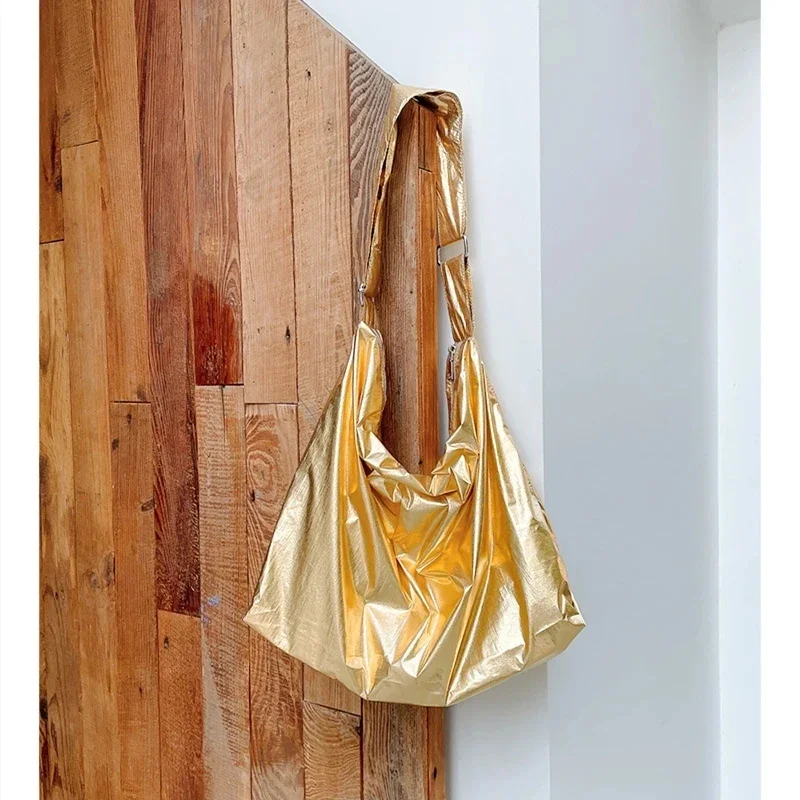 Solid Color Soft Tin Foil Shoulder Bag for Women Korean Style College Student Large Capacity Messenger Bag Casual Crossbody Bag