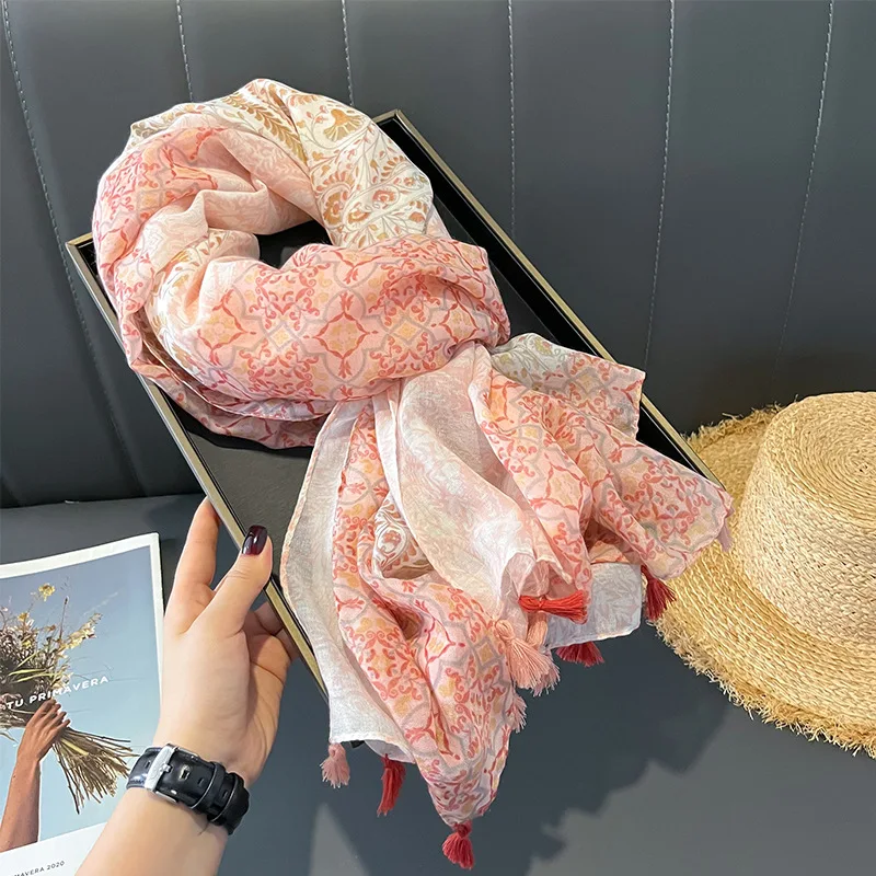 Cotton Linen Scarf Pink Paisley Long Oversized Soft Sheer Wrap for Women Spring Summer Beach Cover Up Daily Commute