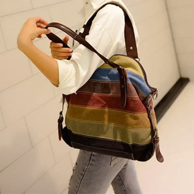 Bolsa de lona listrada para mulheres, bolsa de ombro arco-íris, casual crossbody, moda feminina, venda quente, nova, 2022