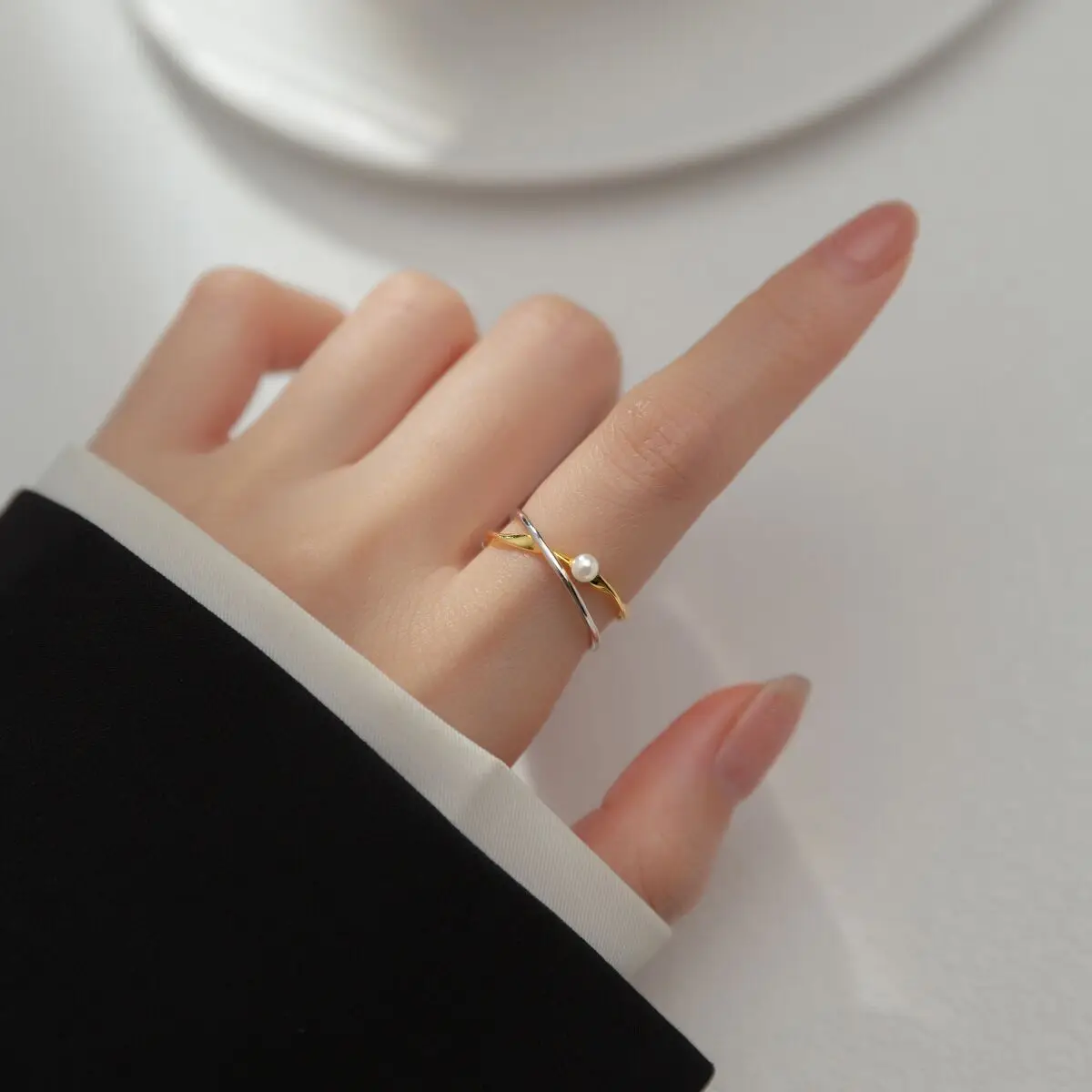Women's 925 Sterling Silver Gold Cross Pearl Adjustable Ring