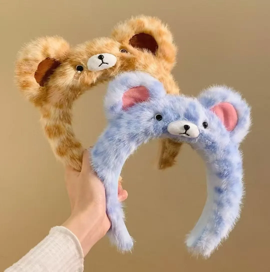 Headband Wide Plush Leopard Bear Ears Cute Soft for Daily Face Wash High Crown Volume Women Fall Winter Premium Quality