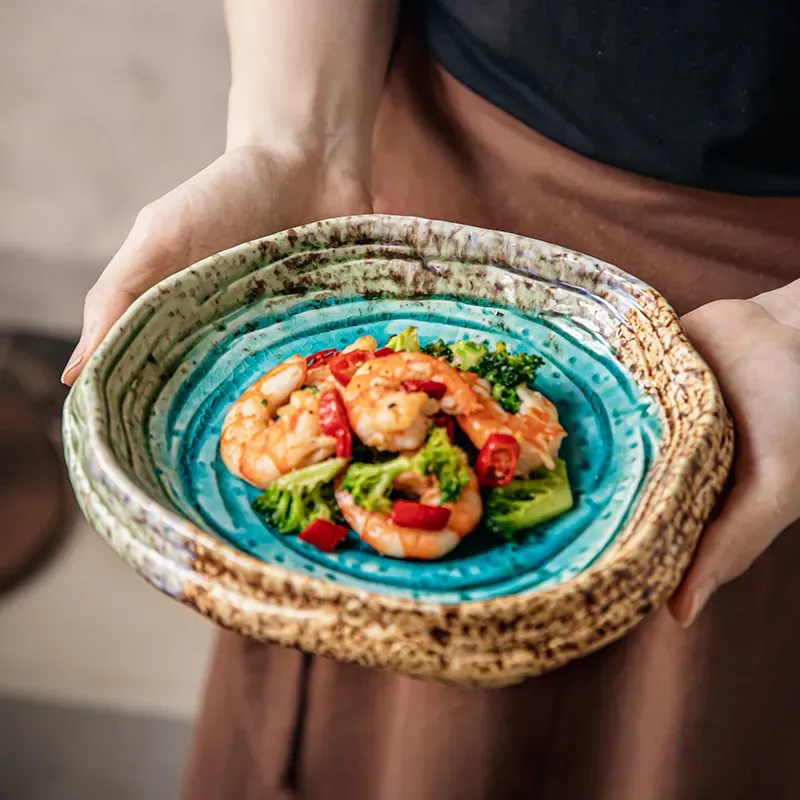 

7-inch Ice Cracked Style Irregular Salad Plate Vintage Ceramic Fruit Storage Dish Hotel Dining Table Fruit Dessert Plate ZI83