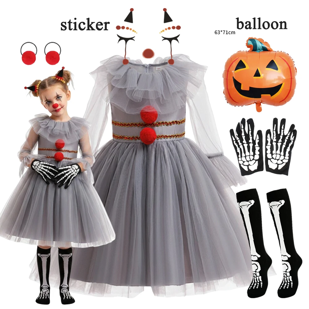 Girl Gray Joker Halloween Costume Dress Up Creepy Clown Kids Carnival Party Cosplay Children Vestidos Outfit