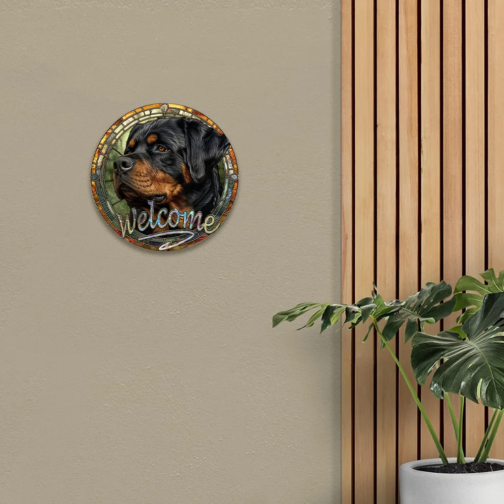 Aluminum Spring Metal Sign Rottweiler Theme Decoration Faux Stained Glass Round Decor Sign Dormitory Decor Mother\'s Day Gifts