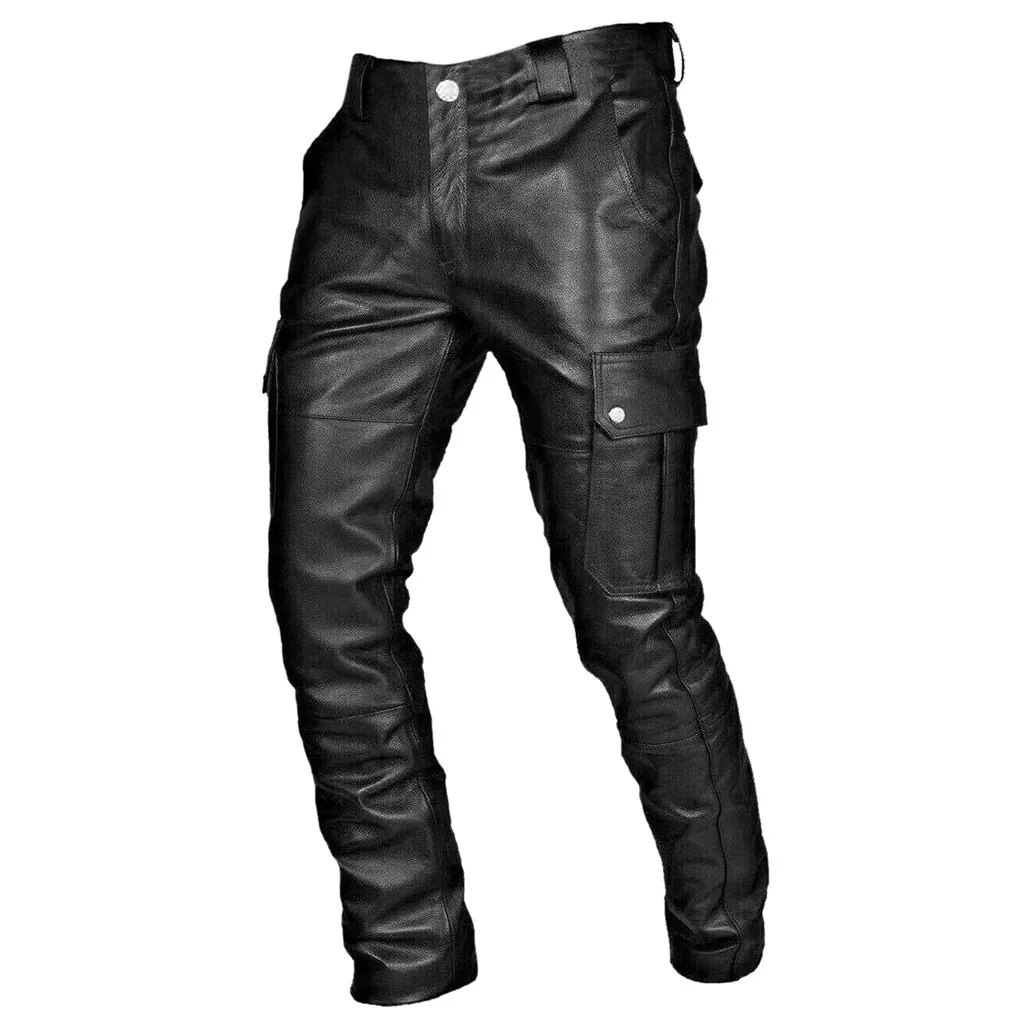 Slim Fit Men's PU Leather Long Trousers PUnk Style Autumn Spring Men's Casual Pants SteamPUnk Multi Pockets Male Fashion Pants