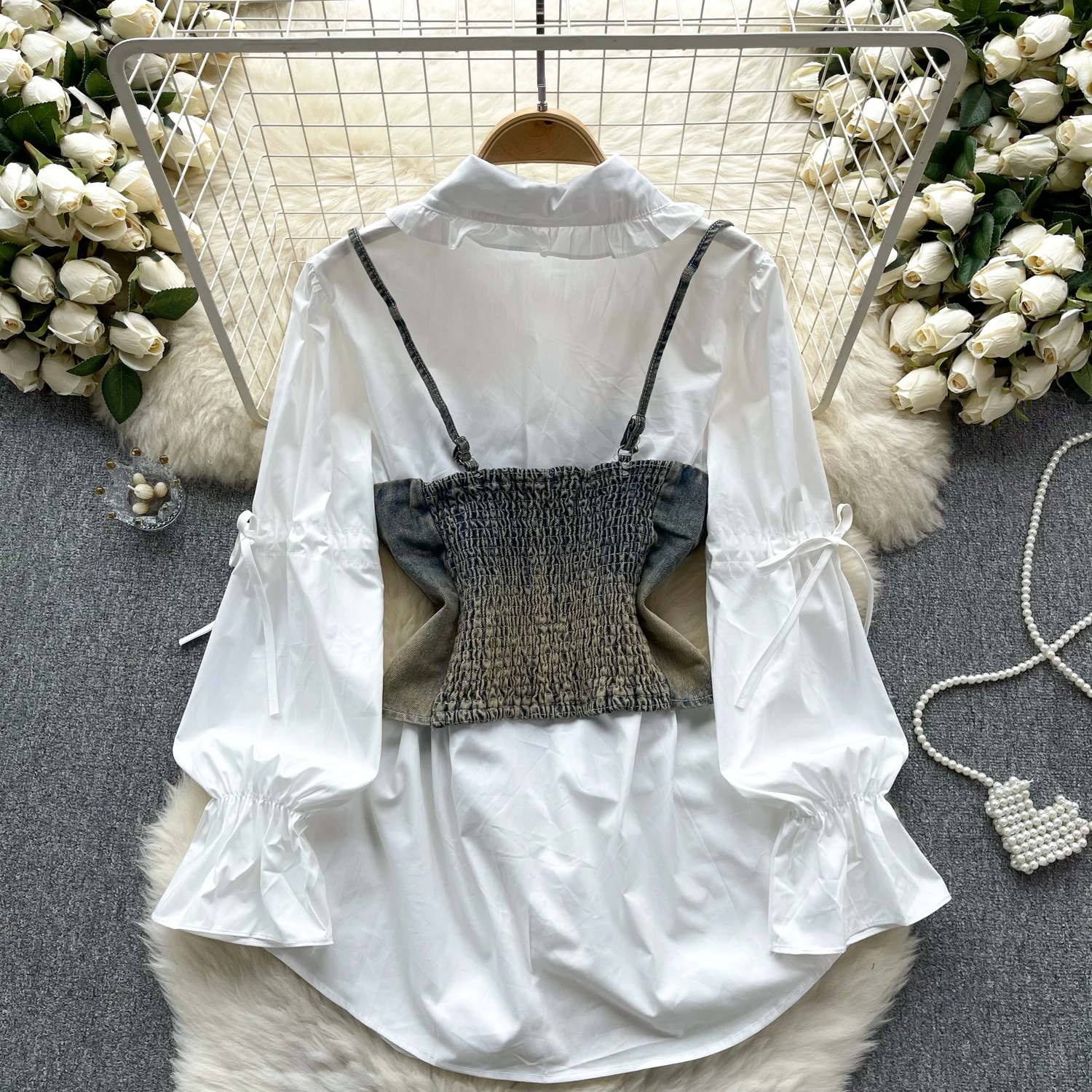 Denim Vest+Long Shirt Suits Spaghetti Strap Bandage Vest Tops + All Matching Puffy Sleeve Mini Shirts Dresses Sets For Women