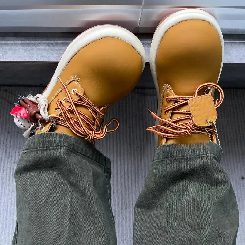 

Leather ankle boots for men Yellow big head work boots Couple casual Short Boot British High-end man Platform boots botas hombre