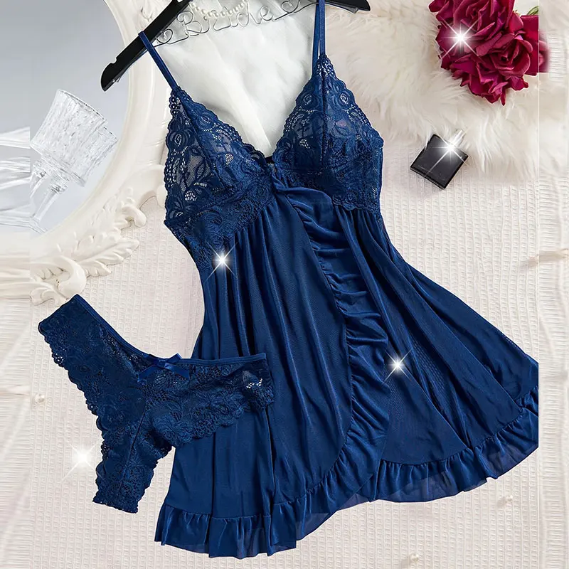 مجموعة من قمصان النوم الرسن فستان سهرة صيفي المبيعات الساخنة ثونغ/البيجامة مجموعات الخامس الرقبة بلا أكمام ملابس النوم ثوب النوم الدانتيل الخالص #3