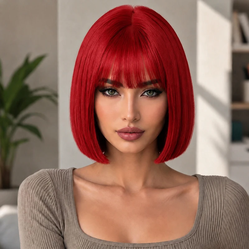 12-inch red straight synthetic wig with bangs, heat resistant, smooth and versatile.