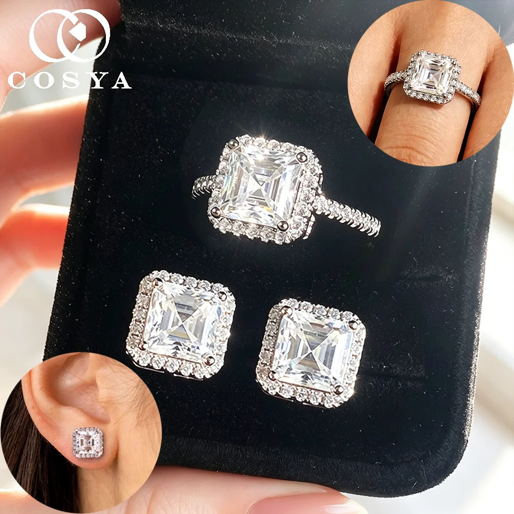 COSYA 2CT 7*7mm Asscher Cut Moissanite Ring Earrings Set For Women S925 Silver Certified Halo Wedding Band Fine Jewelry Gift