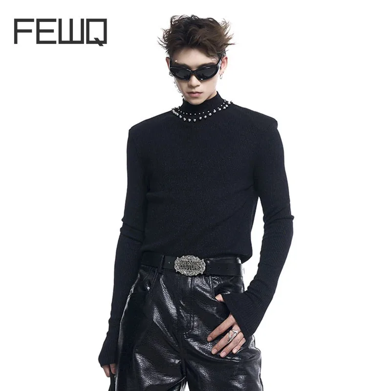 FEWQ Men\'s Sweater Stand Collar Nbeading Decoration Design Male Knitted 2024 New Fashion Long Sleeve Solid Color Tops 24E2405