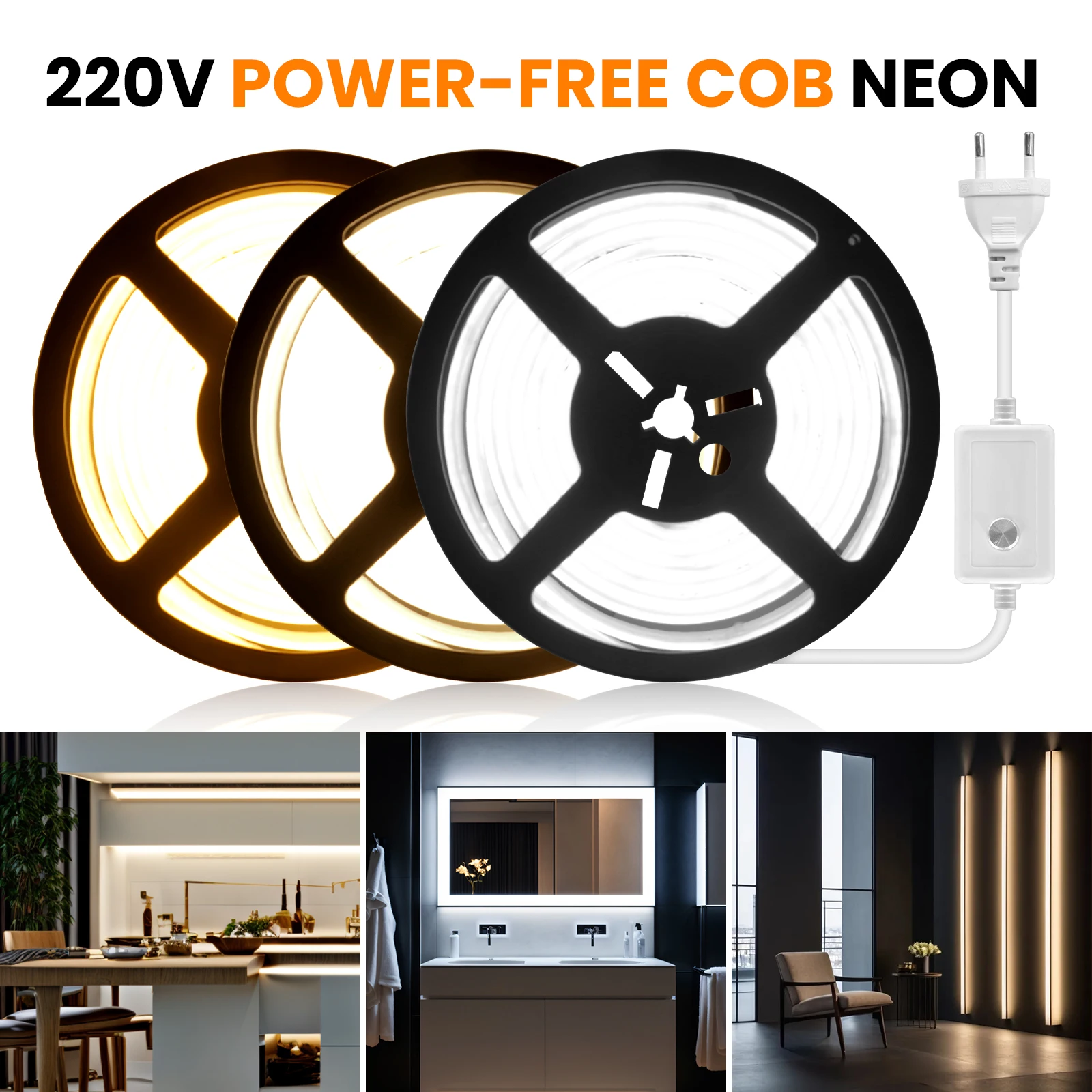 220V Dimmable COB LED Neon Strip Light Adhesive Waterproof Outdoor RA90 IC 240LED/M Flexible Ribbon Tape With Switch/Dimmer Plug