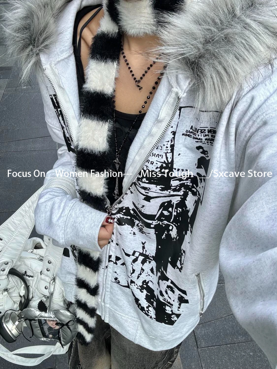 Subculture Vintage Faux Fur Hooded Women Casual Y2k Clothing Korean Fashion Sweatshirts Harajuku Gothic Printed Coats Jackets