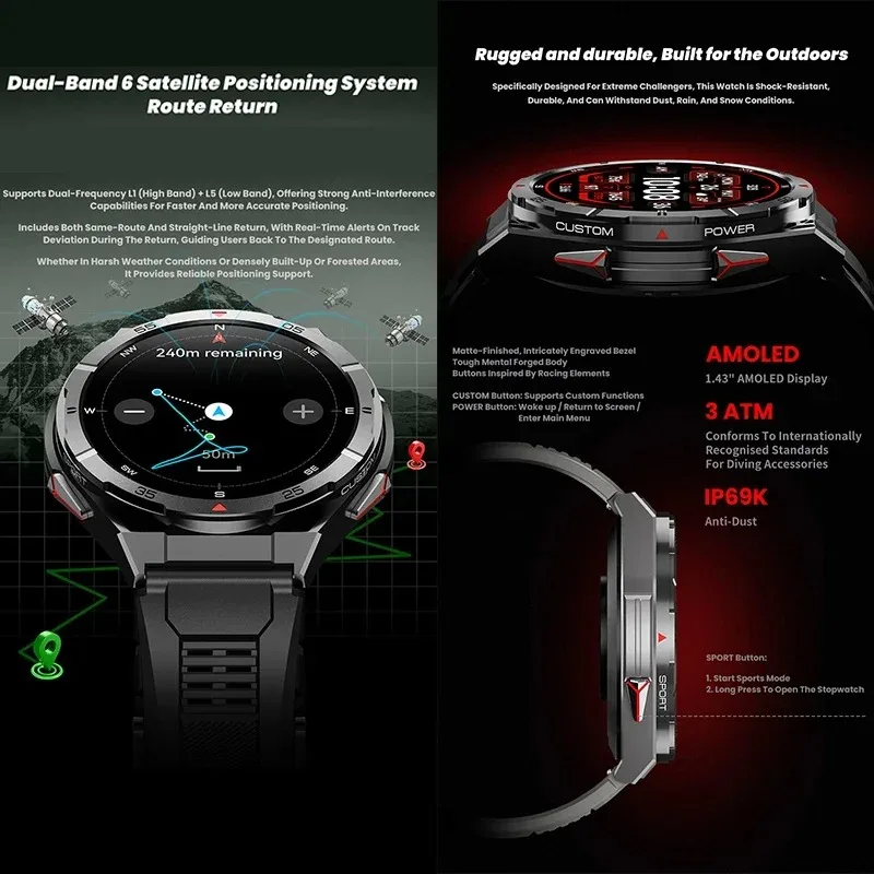 ل T-Rex 3 GPS المهنية في الهواء الطلق ممارسة Smartwatch 1.45 "Ultra HD المدمج في نظام تحديد المواقع البوصلة BT دعوة 480mAh الصحة اختبار ساعة 2025