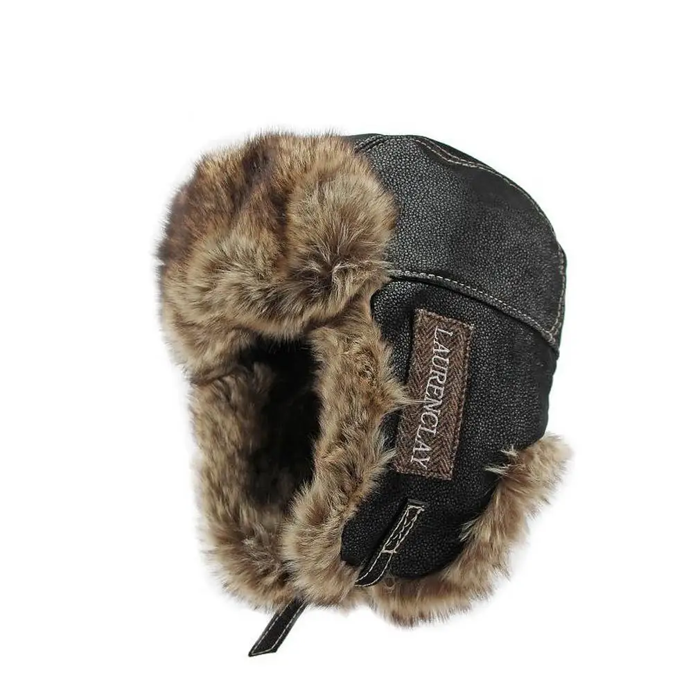 Winter Men Earflap Hat Bomber Caps Artificial Leather Thick Plush 54-60cm Retro Pilot Style Outdoor Keep Warm 2023 New YF0201