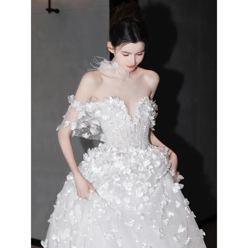 Light Luxury Off the Shoulder Wedding Dresses Handwork Flowers Photos Shoot Dress Simple Korea Corset Back A-Line Bridal Gowns