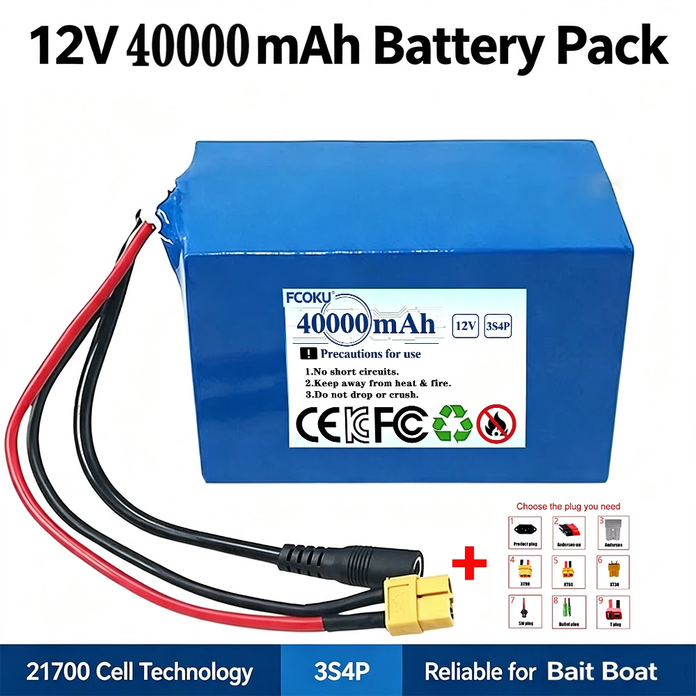 12V 40000mAh 21700 High Rate Li-ion Battery Waterproof 3S4P Pack for Fishing Boat Marine Motor Kayak Camping Emergency Backup