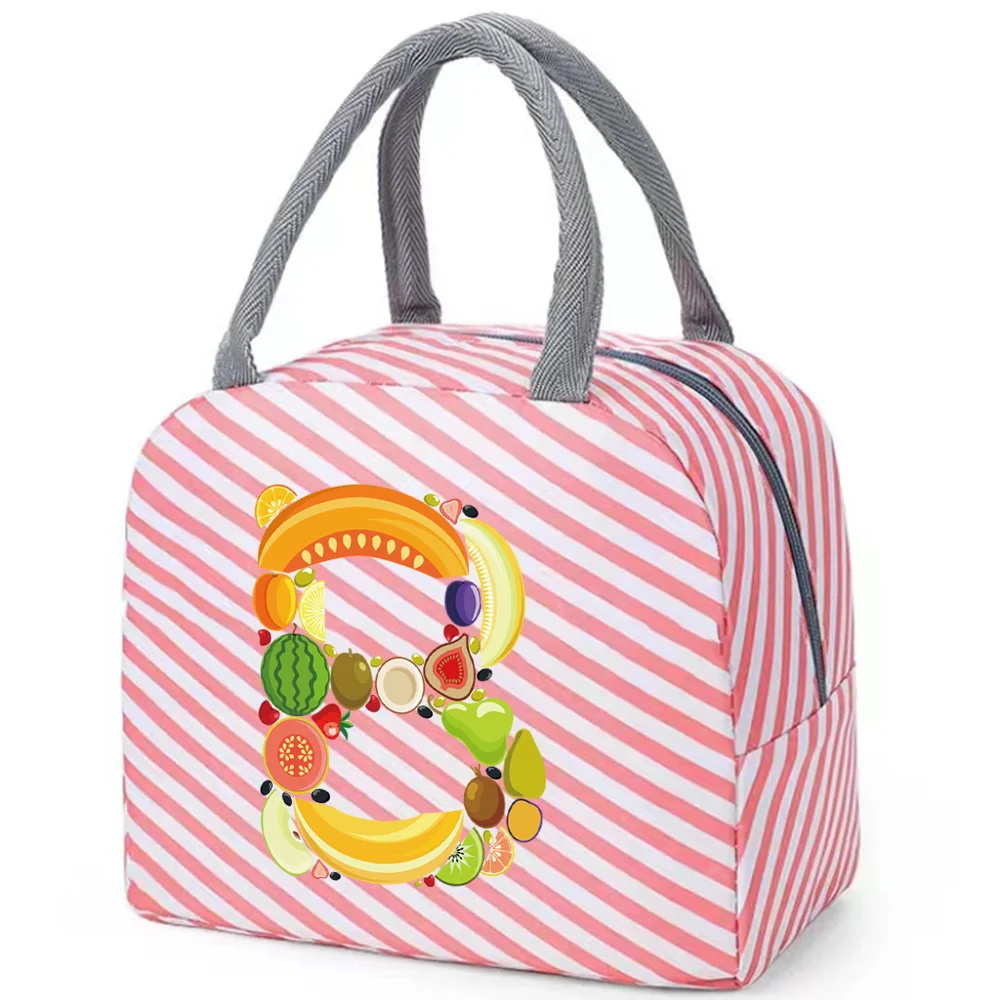 Insulated Lunch Box for Women Pink Cute Lunch Bag for Kids Cooler Waterproof Red Stripe Design Fruit Color Printing